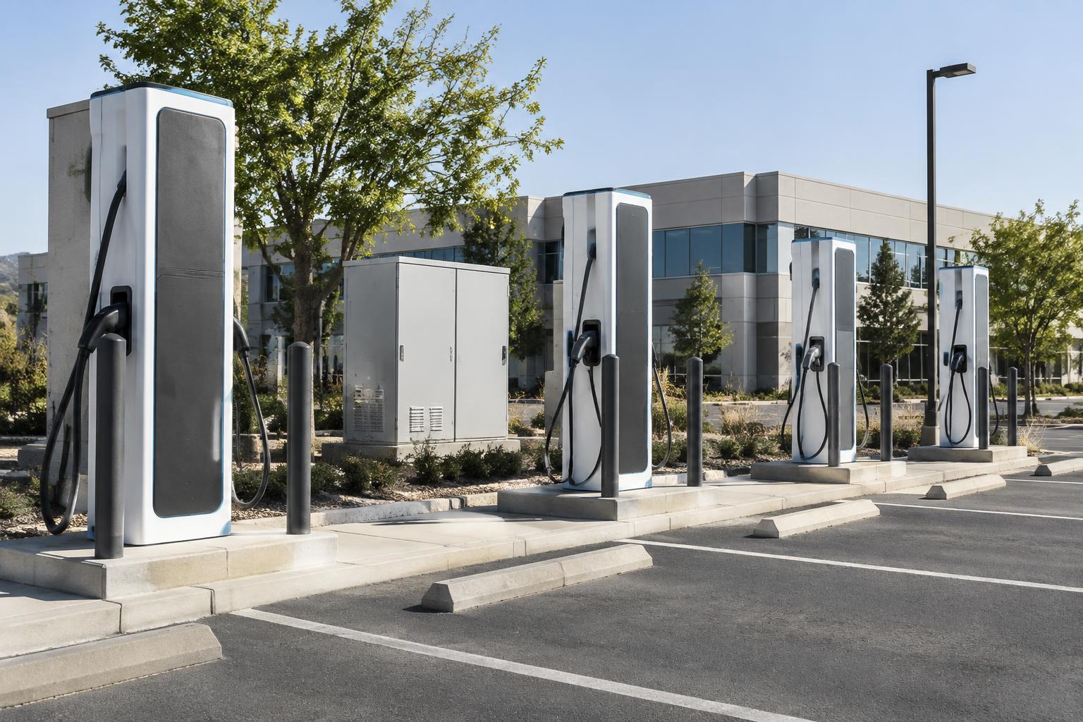 Illustrative commercial DC fast-charging installation with multiple charging posts and infrastructure equipment